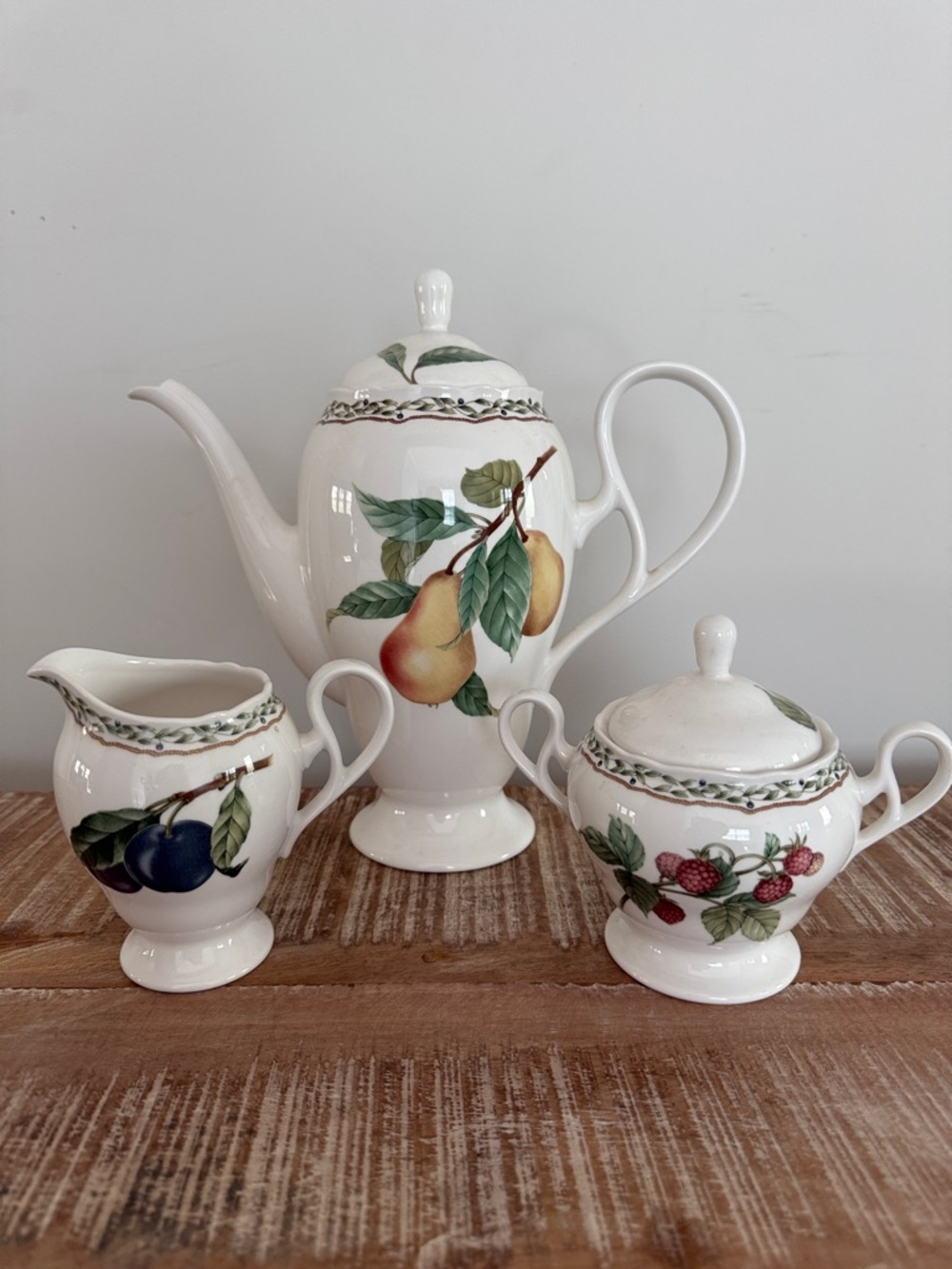 Noritake Primachina 9416 Royal Orchard Teapot Sugar Bowl Creamer Set Vtg Japan